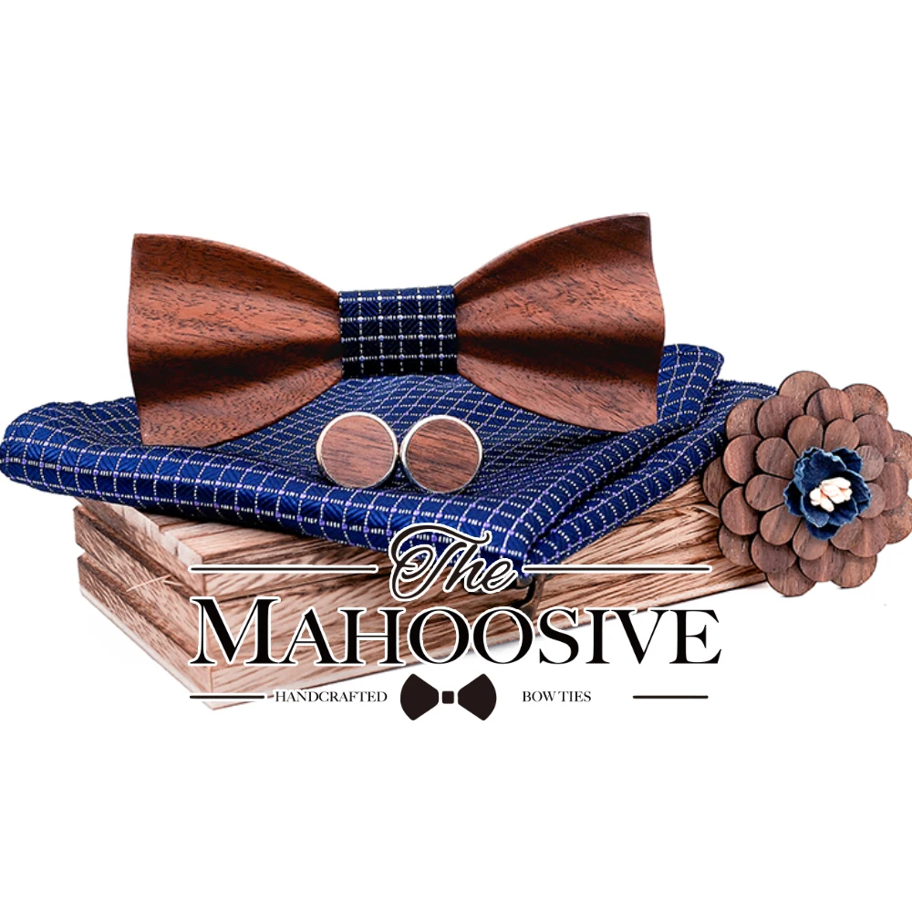 3D Walnut Wooden Bowtie for Mens Wedding Papillon Corbatas Printed Wood Bow Tie Handkerchief Set for Mens Suit Butterfly