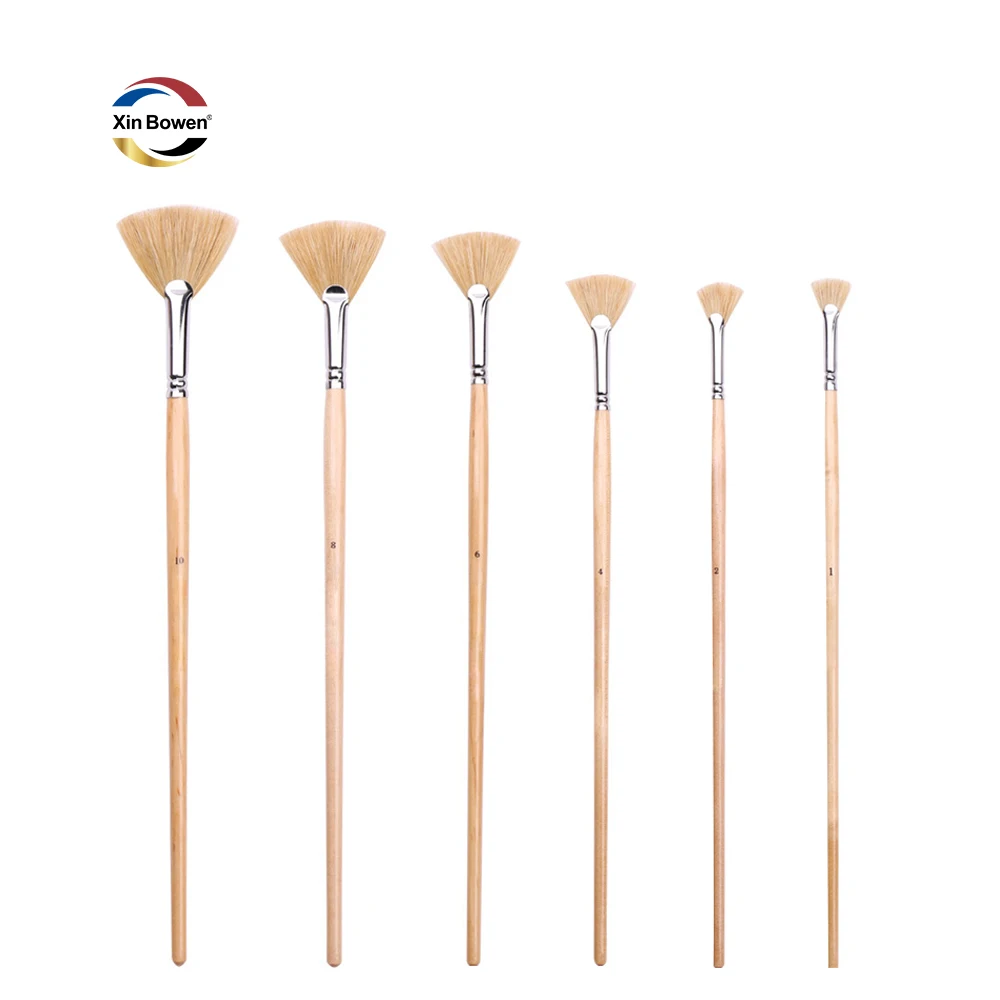 Xin Bowen Painting Brushes Set 6-Piece Hog Hair Fan-shaped Brush Set Wood Handle Brushes in Log Color
