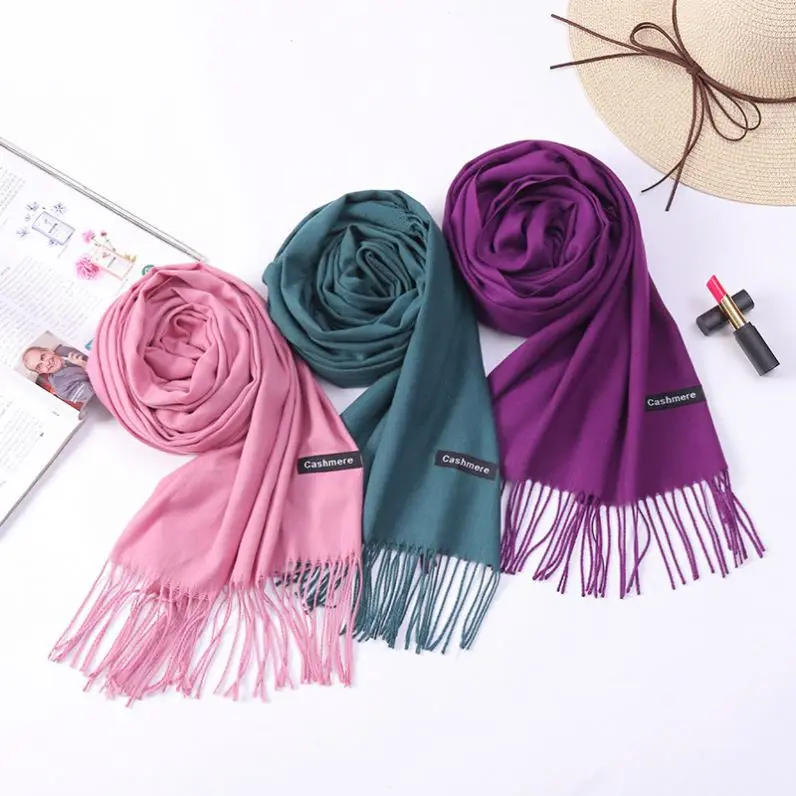 Custom logo 200*70cm Winter Shawls Pashmina Polyester Cashmere Scarf with Tassel