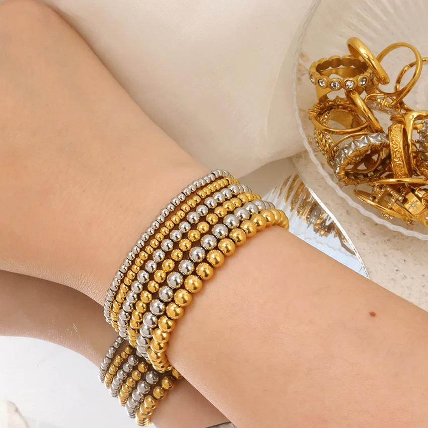 Fine Jewelry Bracelets PVD Elastic Stainless Steel Beads for Bracelet Making Waterproof Tarnish Free Beads Bracelet Wholesale
