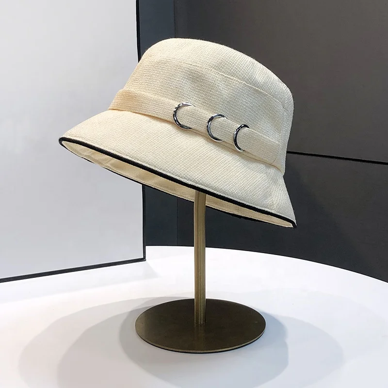 Wholesale Floppy Beach Travel Sun Hat Wide Brim Foldable Packable Women Fashon Designer Black White Bucket Hat With Metal Rings