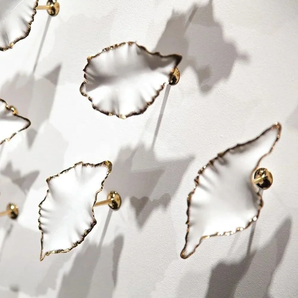 Modern Ceramic Leaf Wall Art White Golden Silver 25cm Large 3D Decorative Hang Wall Mounted Sculpture for Home Hotel Restaurant