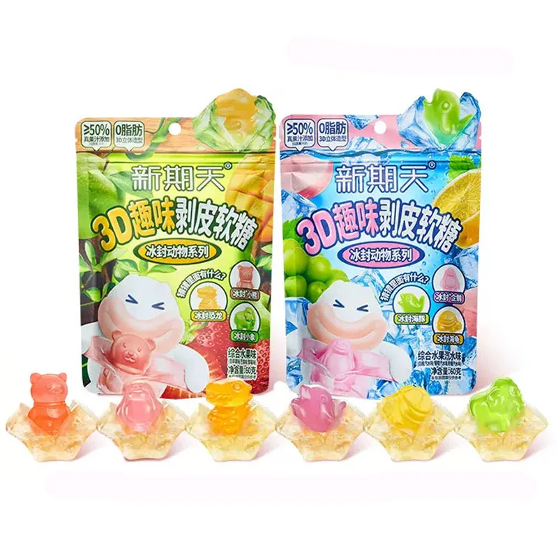 Wholesale exotic snacks Mixed fruit flavors frozen animal peel Fudge 60g fun candy gummy