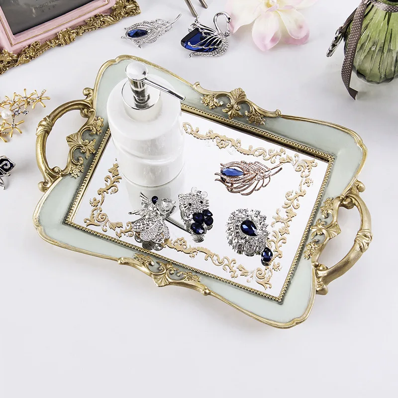 European Style gold Decoration Custom Hotel Home Decor Antique serving Mirror Square Jewelry Resin Fruit Tray For Wedding luxury