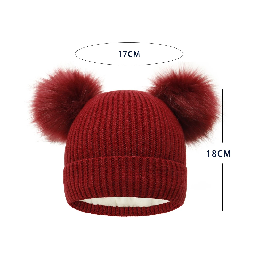 Cute Baby Beanie Kids Winter Fur Pompom Hat Organic Cotton Knitted Toddler Double Pom Beanie Cap for Girls Boys
