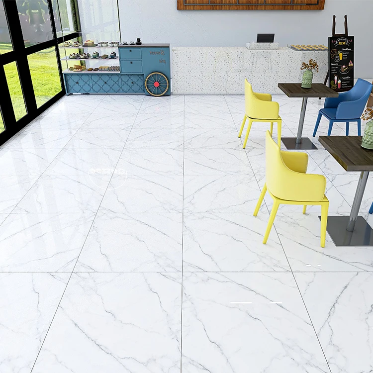 Lobby Hotel High Quality Full Glazed Metallic White Tile Floor and Wall Porcelain Marble Look Carrara White Square Tiles 80x80