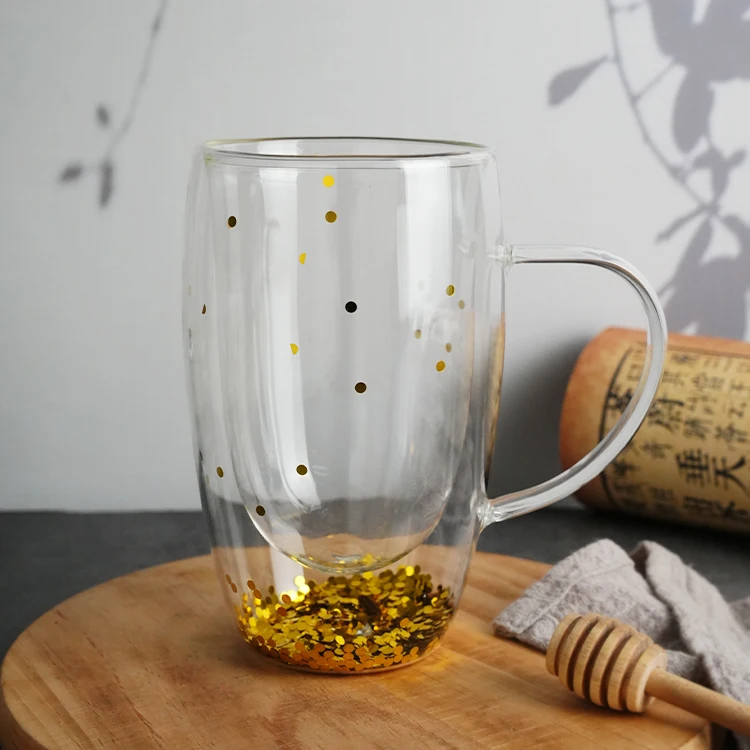 450ml double glass coffee cup Contains sequins  Ins Style Christmas Gift High Borosilicate Glass Mug Dried Flower Glass Cups