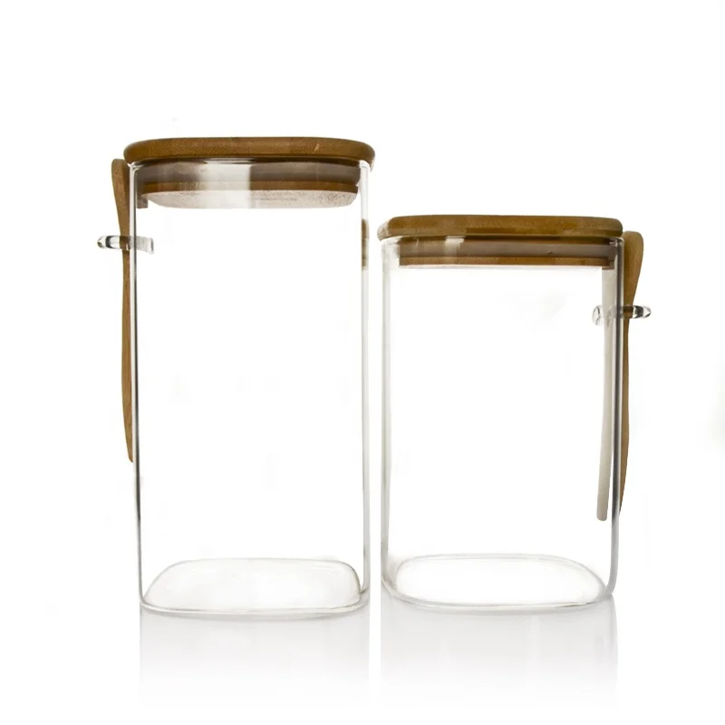 Wholesale 1000ml 1200ml 1500ml glass Kitchen Storage Square food Storage glass Jar With bamboo Lid and spoon