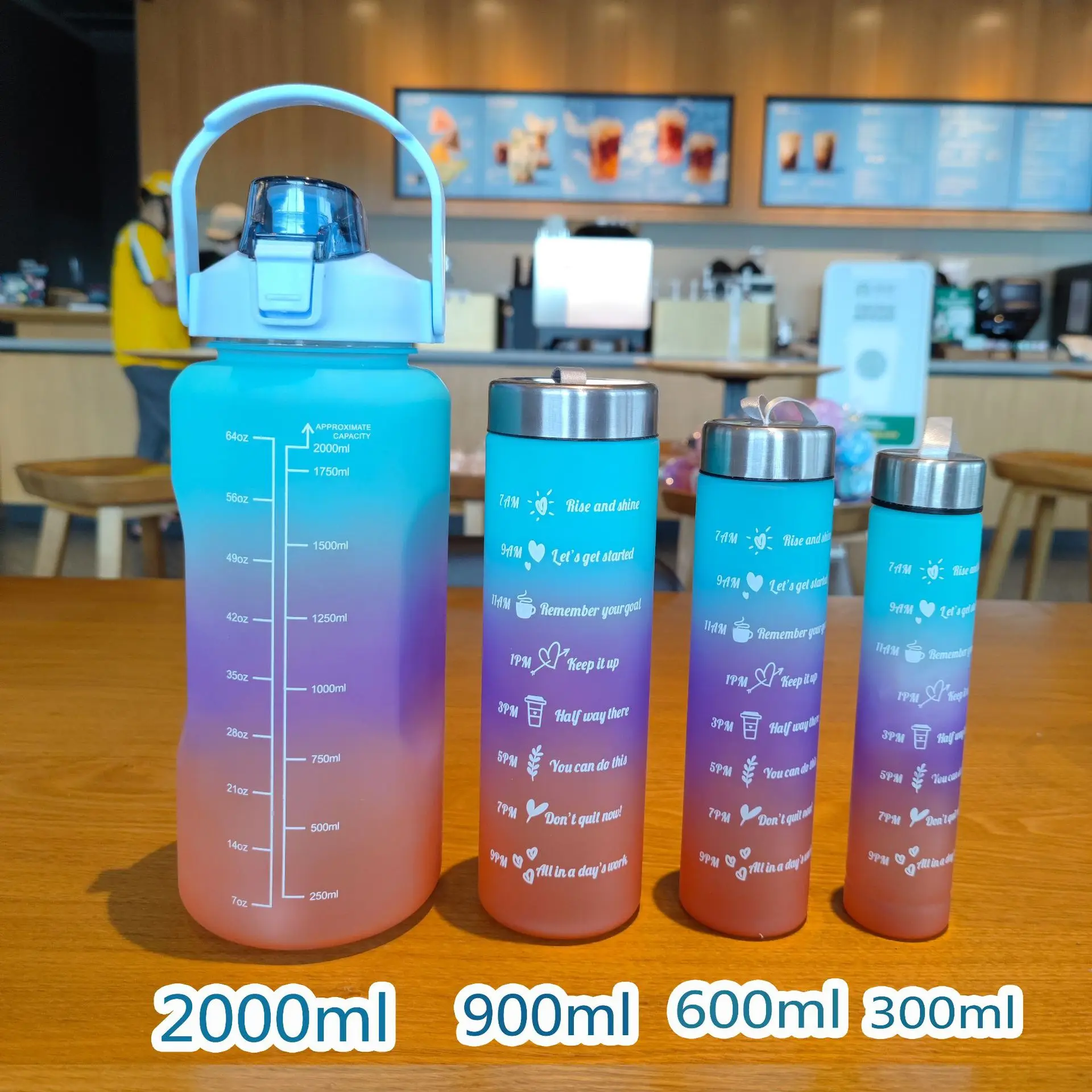 4 Pcs Set Motivational Water Bottles Portable Plastic Half Gallon Sports 4 in 1 Water Bottle Sets with Straw