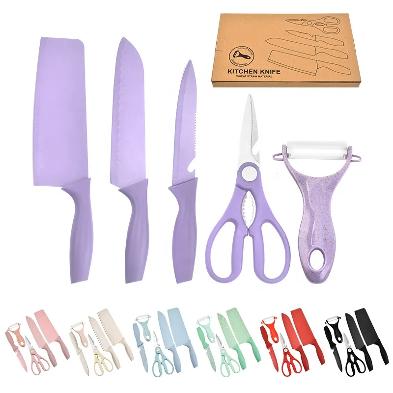 Colorful Straw Five-piece Rainbow Model Stainless Steel Spray Paint Knife Set Kitchen Box Set of Knives