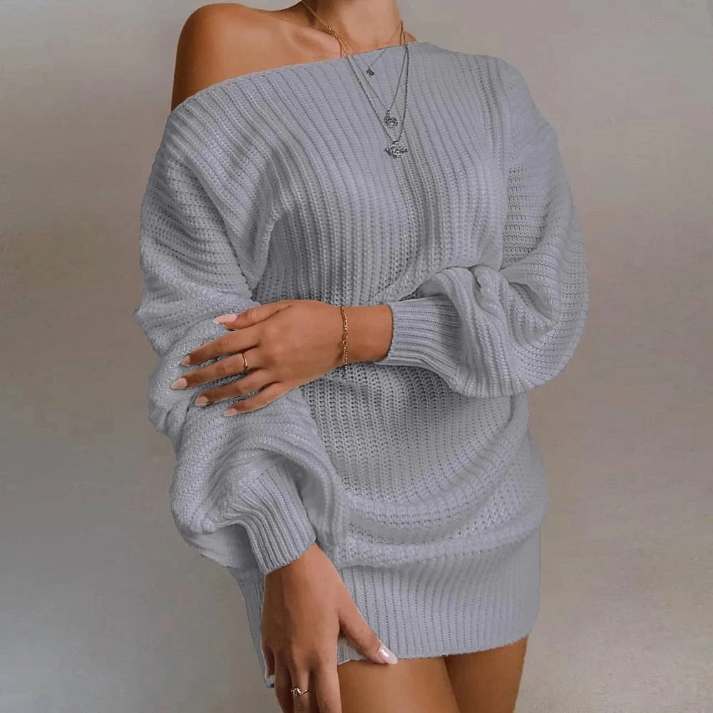 
The hottest ladies casual off-shoulder lantern sleeve knitted sweater dress 