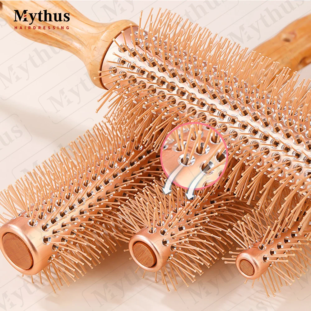 Korea Style Luxury Rose Gold Long Aluminum Barrel Heat Resistant Nylon Bristle Wooden Tail Handle Round Comb Curling Hair Brush