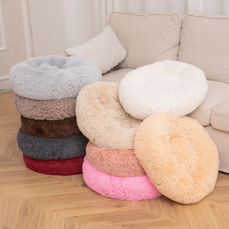 Calming Shag Vegan Faux Fur Pet BedWarm Round Donut Cuddler Luxury Animal Bed Cat Cushion cama Pet Beds for Dog
