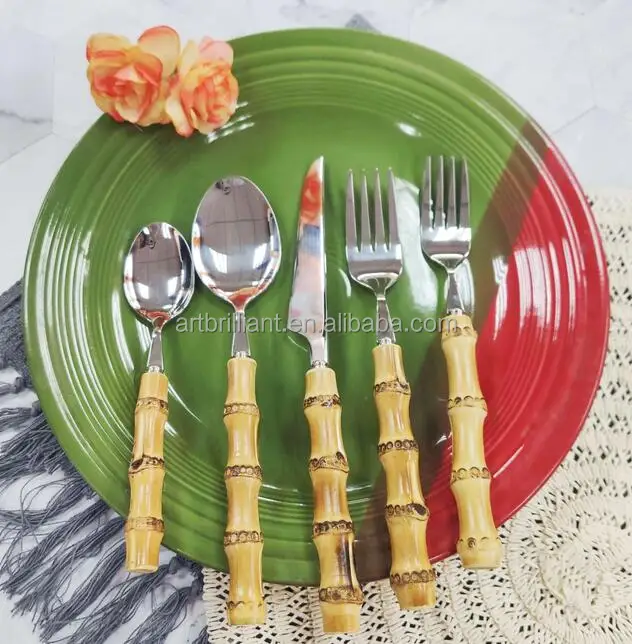 High quality 18/10 Stainless Steel Flatware Silverware Bamboo Handle Cutlery Set