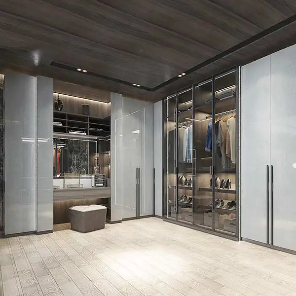 OPPEIN Luxury Custom Mirror Closet Black Wood Window Wardrobe Frosted Tempered Glass Modern Designs Door Wooden Wardrobe