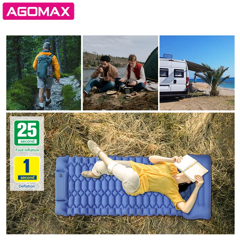 Camping Sleeping Pad Self Inflating Camping mat Foot Press Inflatable Pad Air Mattress with Pillow for Backpacking