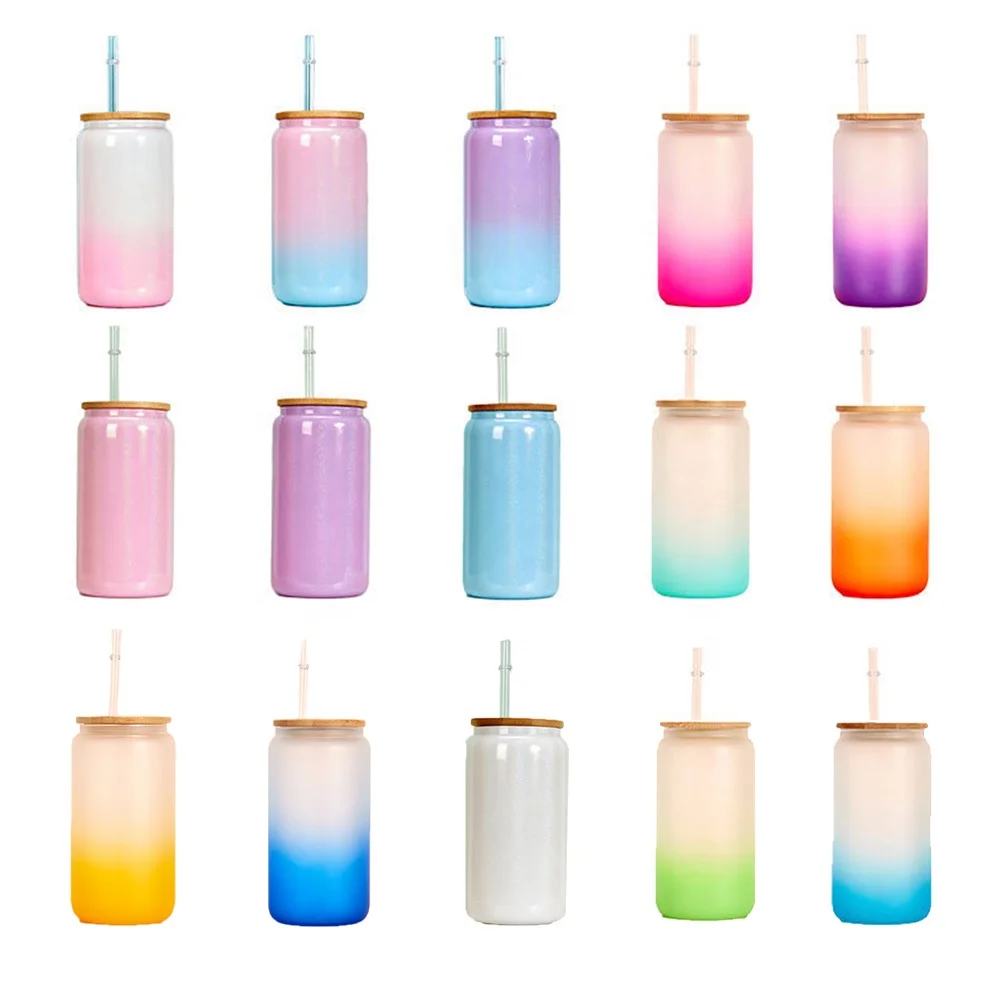 16oz Heat Resistant Borosilicate Glass Mug Gradient Color Drink Glasses Beer Cup Reusable Cup Glass Cup With Lid and Straw