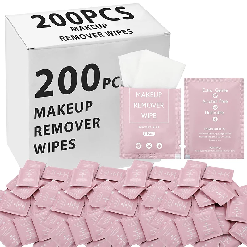 Pocket Size Pink Disposable Dissolves Heavy Makeup Remover Cleansing Face Wipes Individually Wrapped