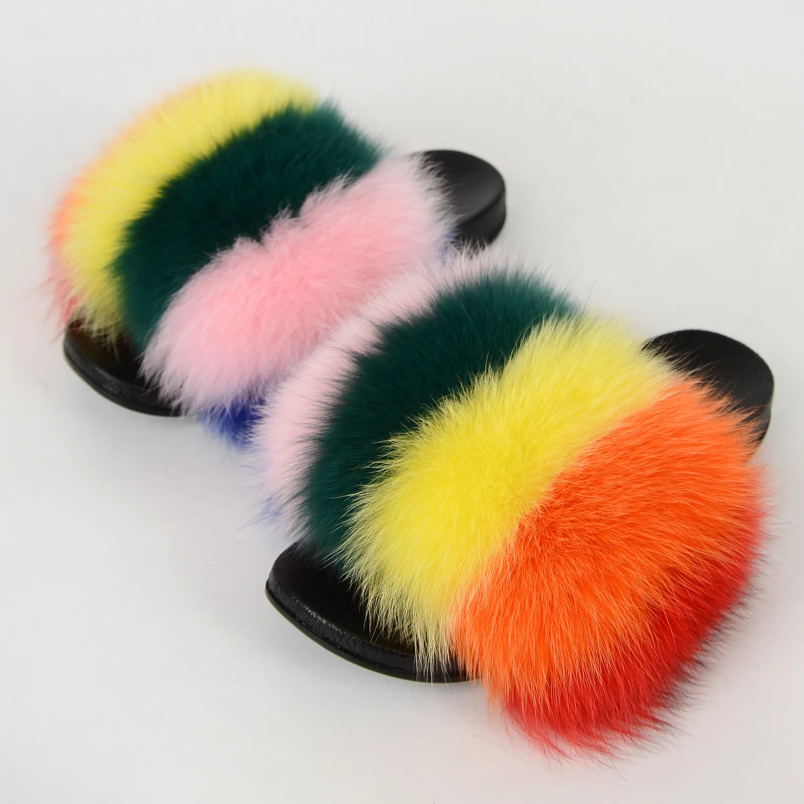 
New arrived Wholesale Customized Good Quality wholesale custom pink color high fox fur slippers summer slides for women 