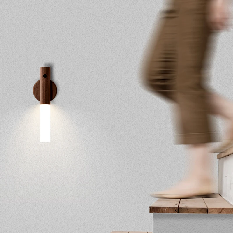 Modern USB Rechargeable Wood Wall Lamp LED Light Source with Intelligent Human Body Motion Sensor Mini Size for Bedroom