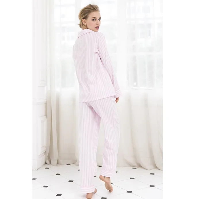 OEM 100% Cotton Sets Women Long Sleeve Striped Pink Pajamas