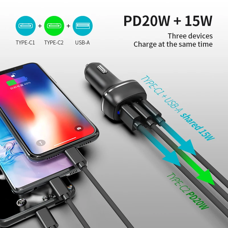 3 In 1 Dual Type C Port USB A 50W Charger Car Cell Phone Laptop Table