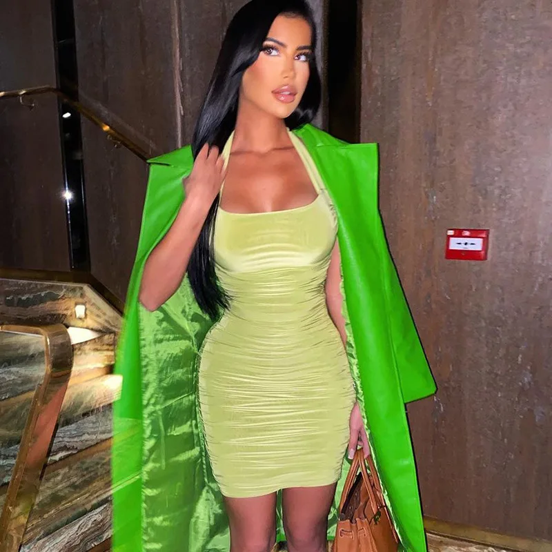 2022 Vestido Dress Streetwear Summer Women Halter Plain Corset Top Ruched Pleated strapless Bodycon Mini Party Cocktail Dresses