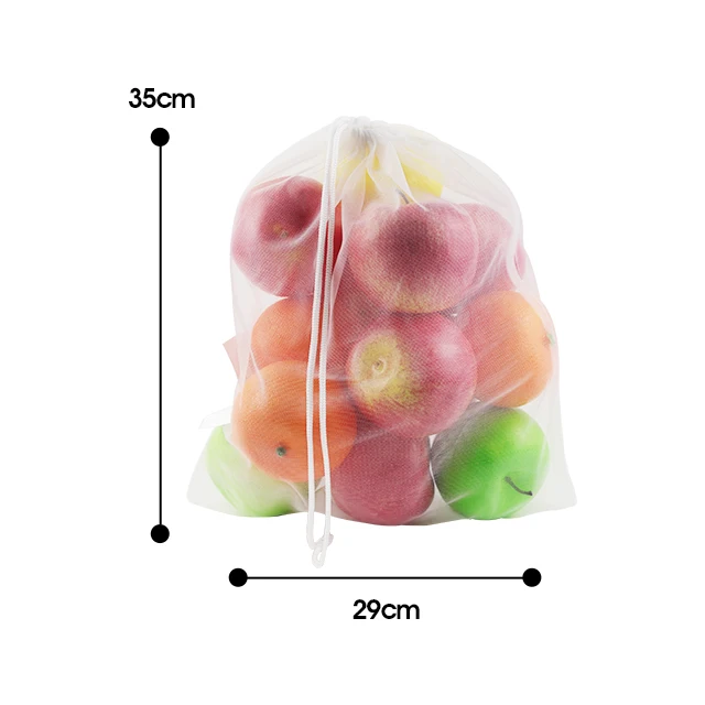 Custom Drawstring Reusable Produce Net Pouch Polyester White Vegetable Mesh Bags