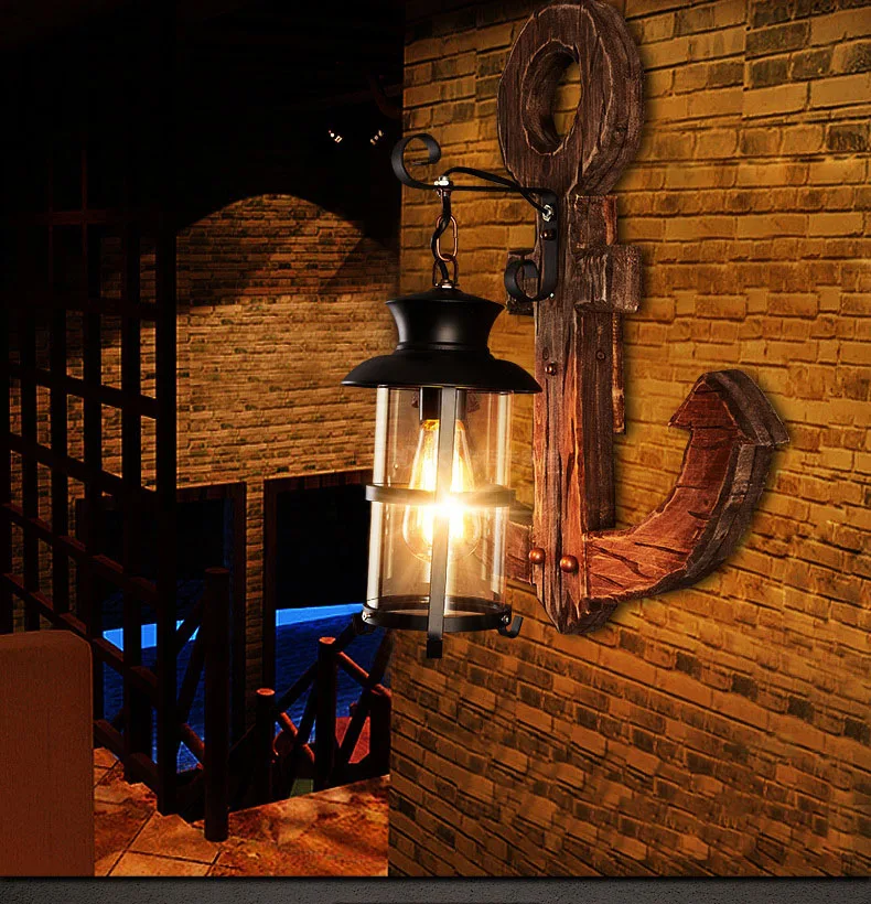 Fancy Vintage Rural Industrial Wooden LED Wall lamp Anchor Shaped Light For Bar Decoration