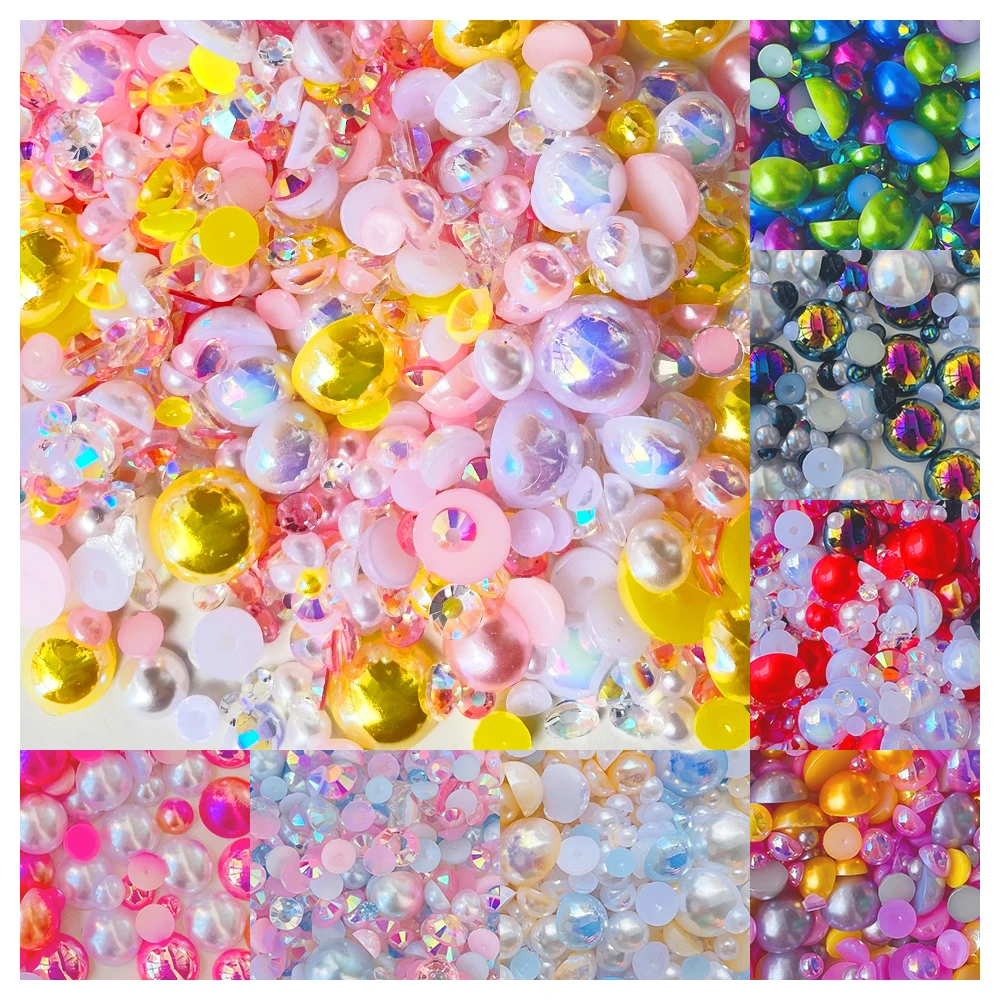 Customized OEM 1500g/4500pcs Wholesale Mix 3-10mm Rhinestone Pearls ABS Half Flatback Round Jelly Transparent Resin Rhinestones
