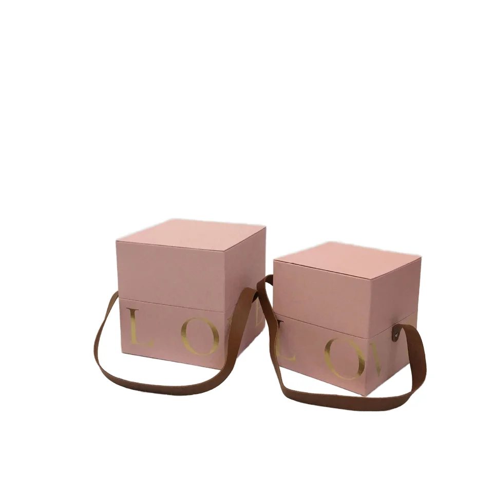 In Stock Hot Sale Stock Packaging Materials 2 Piece Box Surprise Flowers Gift Packing Boxes With Handle Gold Foil Love