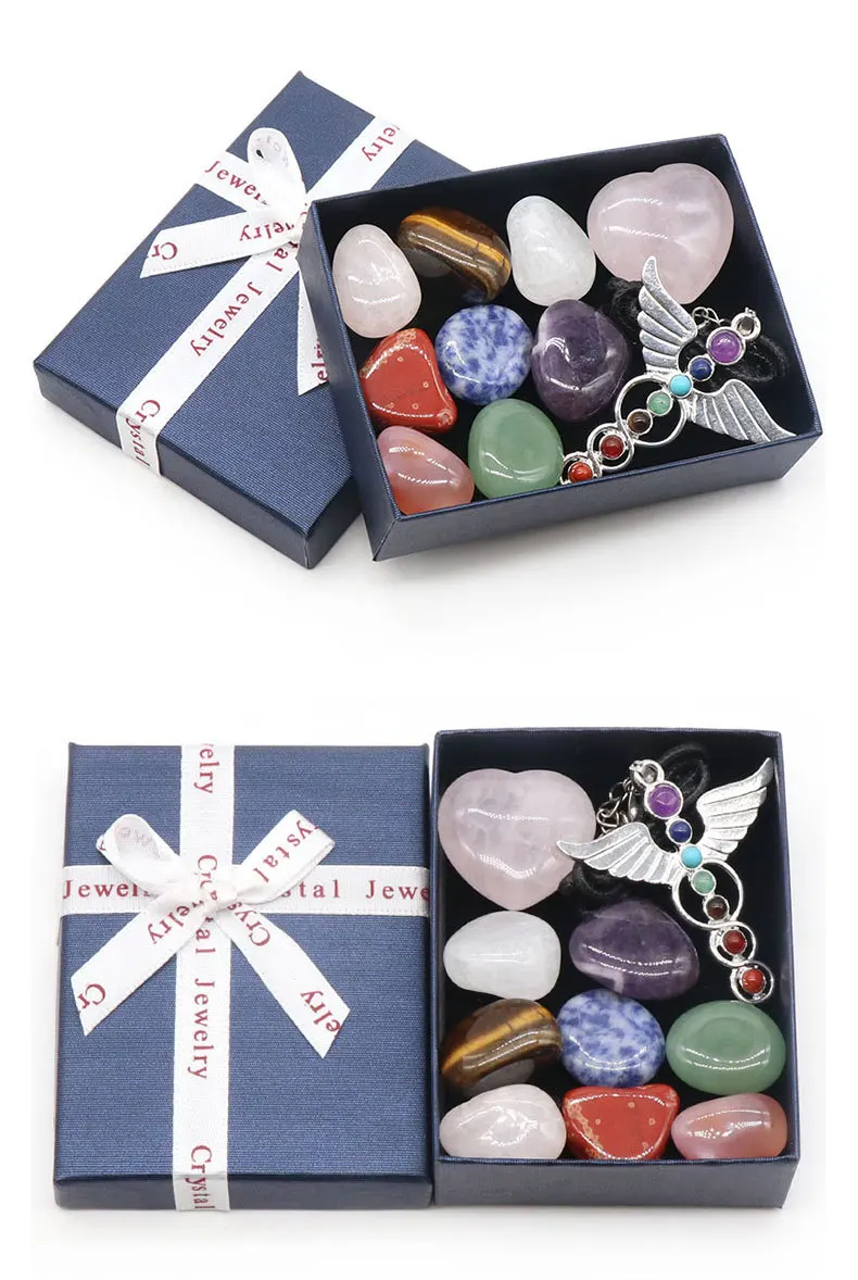 2022 Hot Selling Crystal angel necklace Collection Chakra tumbled polished Stones Set gift box Reiki for Meditation or Ritual