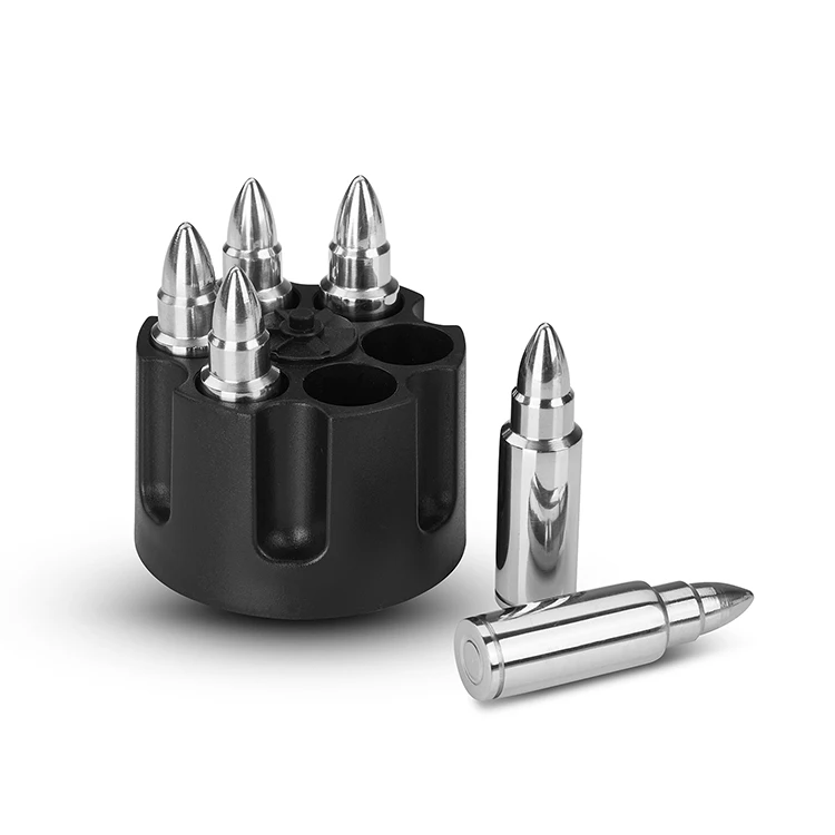 Silver/ Gold Stainless Steel Whiskey Stones Bullets Gift Set with Base, Set of 6 Large Bullet Shaped Reusable Metal Ice Cube