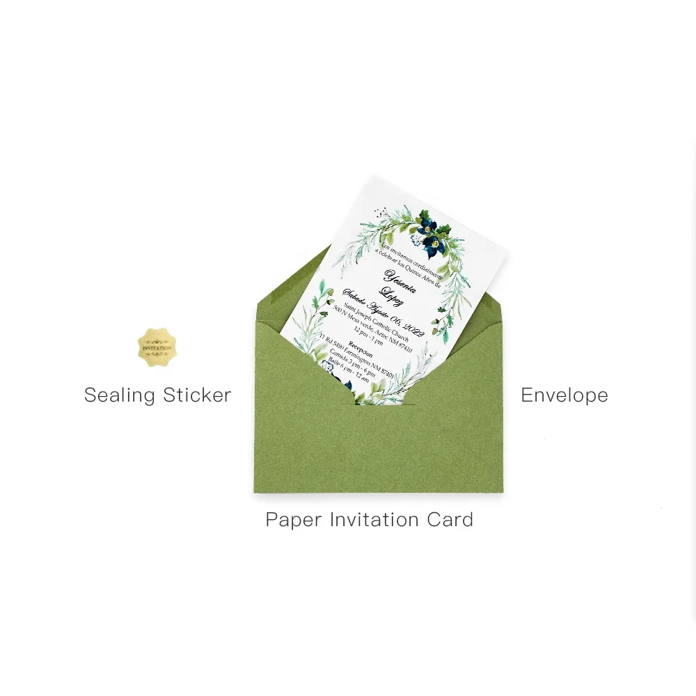 Customized Unique Cheap Laser Cut Green Paper Birthday Meeting Wedding Invitation Card with Cotton Envelope & Sticker