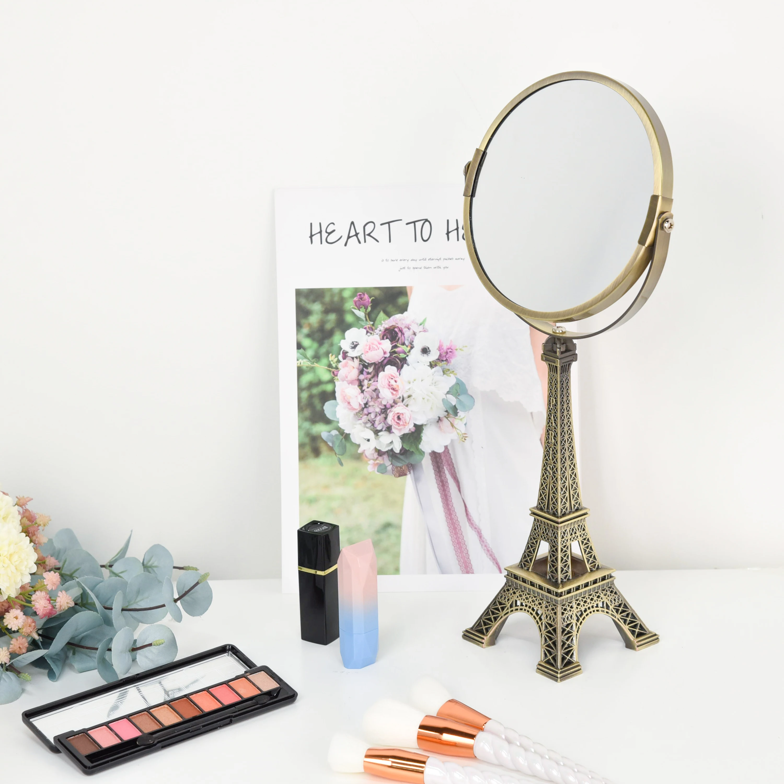 
French Paris Eiffel Tower Design Makeup Mirror Decorative Round Metal Frame Mirror Bronze Double Sided Table Makeup Mirror 