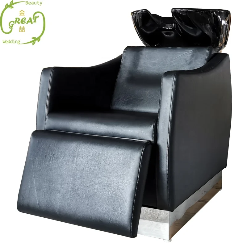 Foshan Great Factory Best Quality Black Reclining Washing Sink And Footrest Control Salon Shampoo Chair Hairdressing Basin