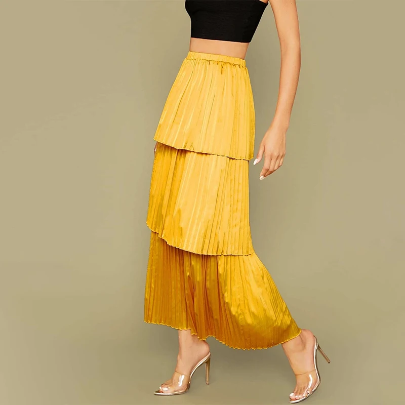 Women Apparel Wholesale Elegant Ladies Elastic Waist Long Yellow Layered Satin Skirts