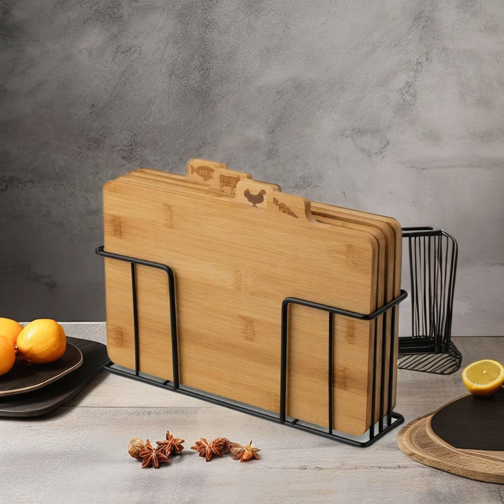 Set of 4 Bamboo Wooden Index Cutting Board Chopping Board  with Storage Metal Holder for Kitchen Bread Meat Vegetables Fish