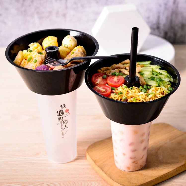 Hot Sale Customized 1000 700ml  Snacks Bowl PP Milk Tea Cup Fruits Dessert Tray Takeout 2 In 1 Plastic Cup