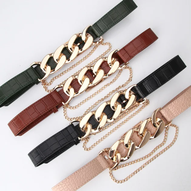 European and American Fashion Trendy Belt Punk Exaggerated Chain PU Leather Ladies Belts Women