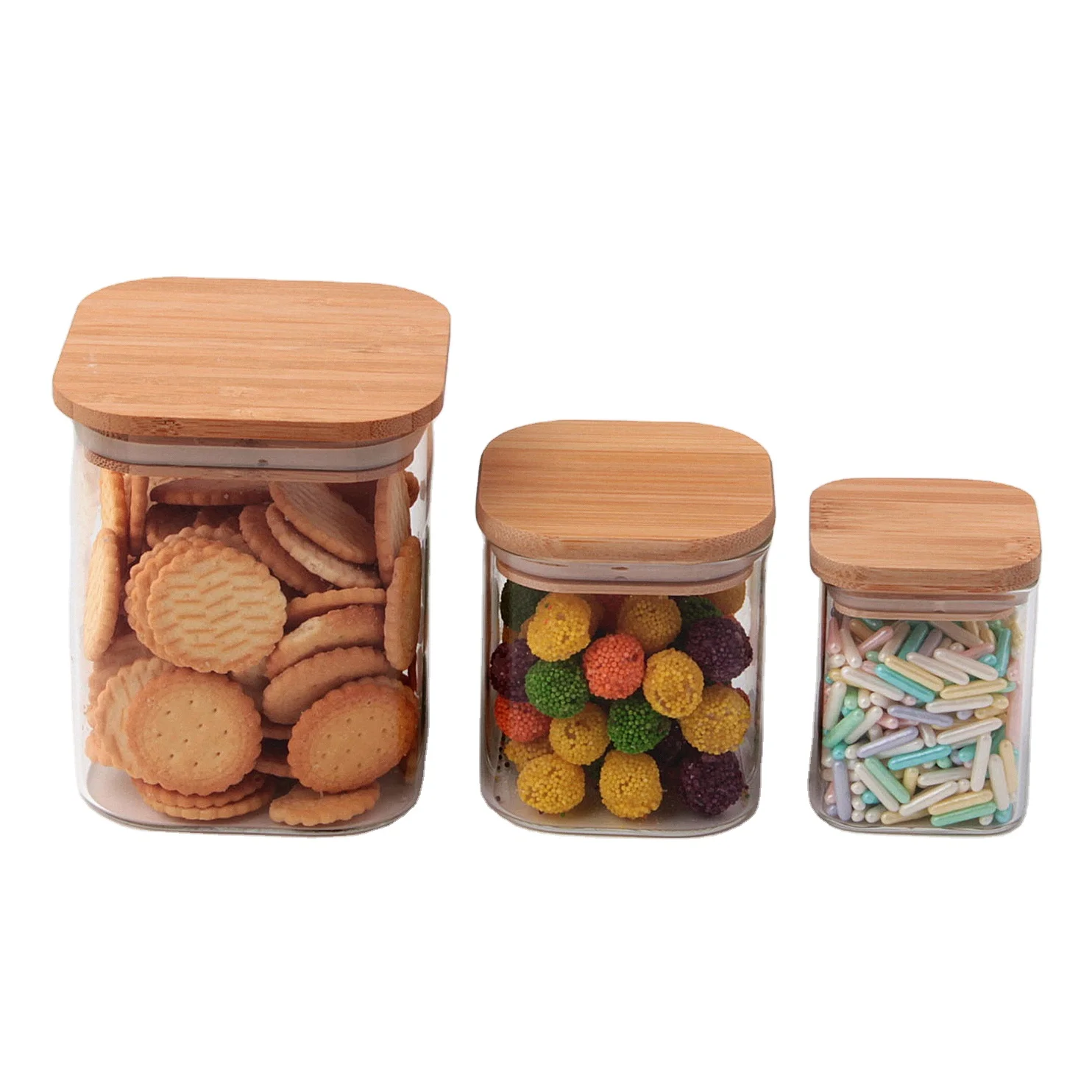 High Quality customize transparent square high borosilicate glass food storage jars with bamboo lid for home and kitchen decor