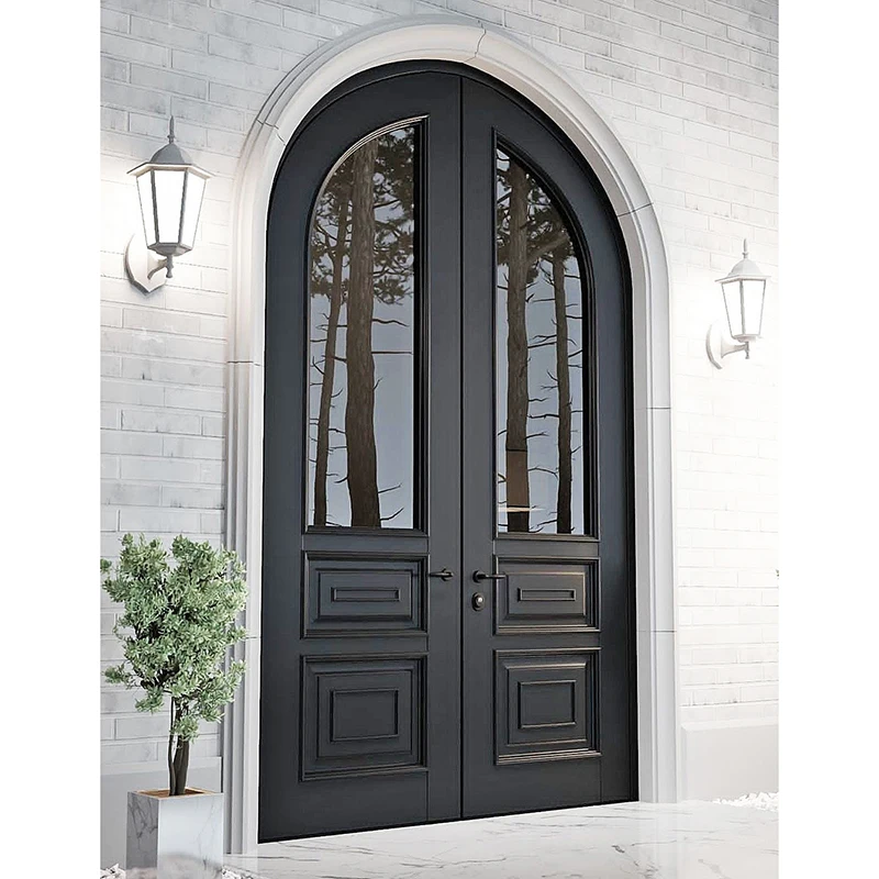 Classic American Villa Have Screen Windows and Double Tempered Glass Arched Wrought Iron Front Entry Doors for Houses
