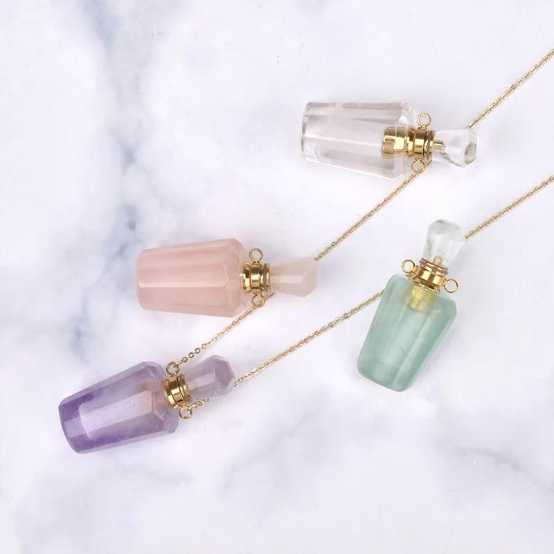 Hot Selling Wholesale Price Rose Quartz Perfume Bottle Necklace Natural Quartz Perfume Bottle