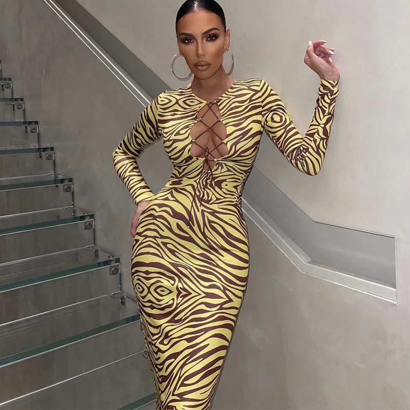 Lace Up Zebra Print Sexy Midi Dress Women Party Evening New Fashion Apparel Autumn Winter Wholesale Casual Clothes