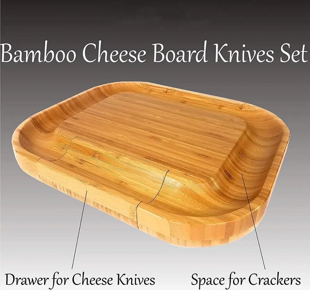Bamboo Cheese Board With Drawer & 4 Stainless Steel Knives Luxury Set | Deluxe Extra Spaces Serving Slide-Out