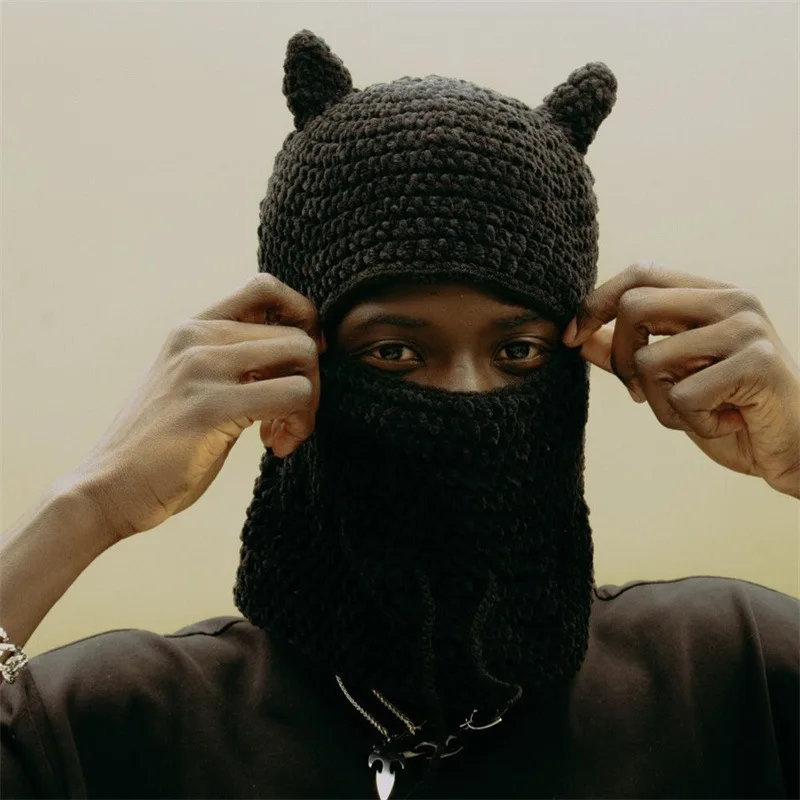 New handmade crocheted street style cat ears headgear models neck protection universal adult cap