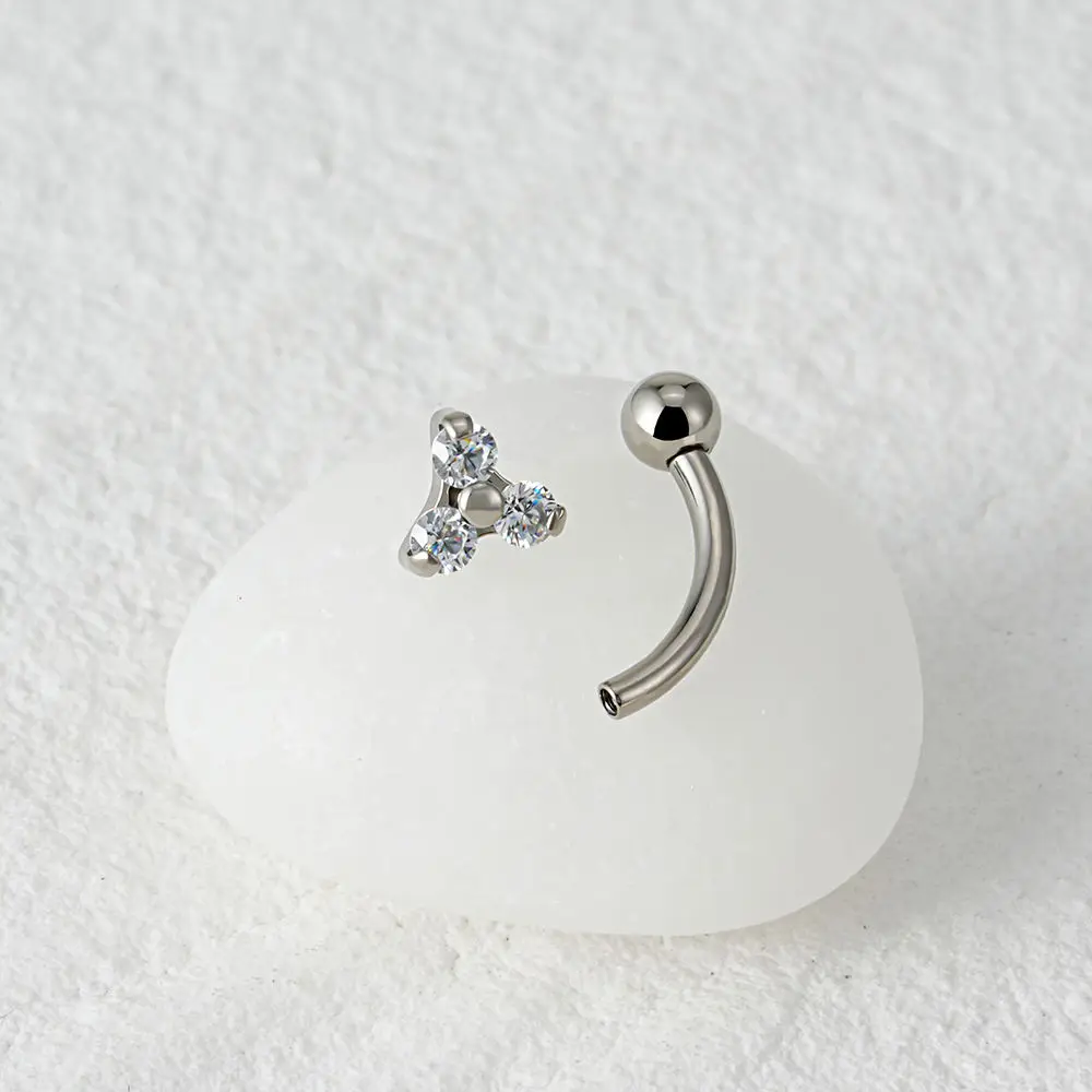 ASTM F136 Titanium 16G Triple CZ Flower Curved Barbell Rook Earring Eyebrow Cartilage Navel Ring Stud Piercing Jewelry