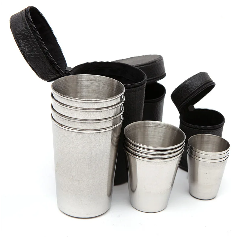 M SIZE 4pcs/box Stainless Steel Camping Cups Mug Outdoor Hiking Folding Portable Tea Coffee Beer Cup With Black Bag