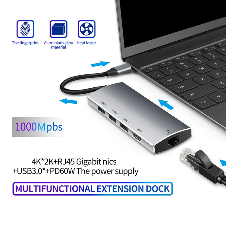 Type c adapter hub 6 in 1 aluminum 3.0 usb hubs plus RJ45 Gigabit Ethernet LAN power deliver usb docking