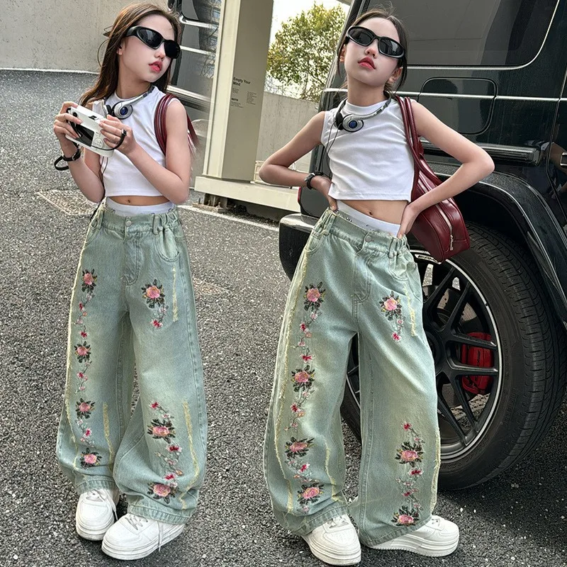 New fashion teen Girls Clothing set solid vest T-shirt + tulle lace blouse + floral embroidery jeans pants clothing set for kids
